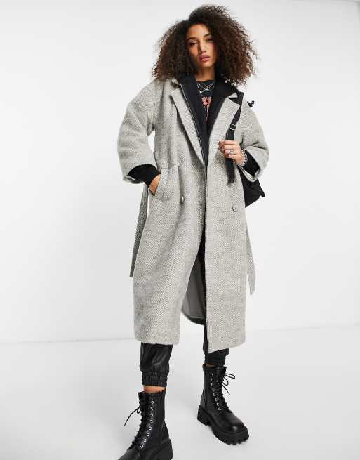 Object wool mix herringbone wrap coat in grey ASOS