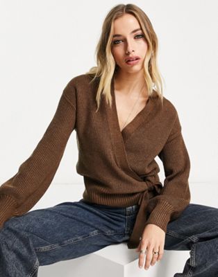 Object wrap front knitted cardigan in brown - ASOS Price Checker