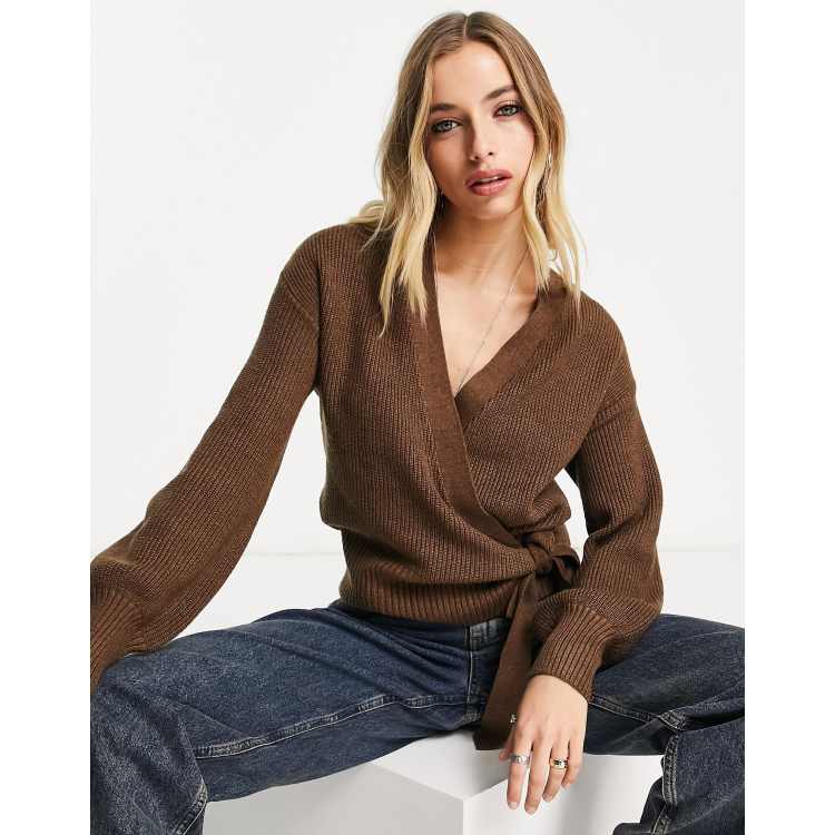 Object wrap front knitted cardigan in brown ASOS