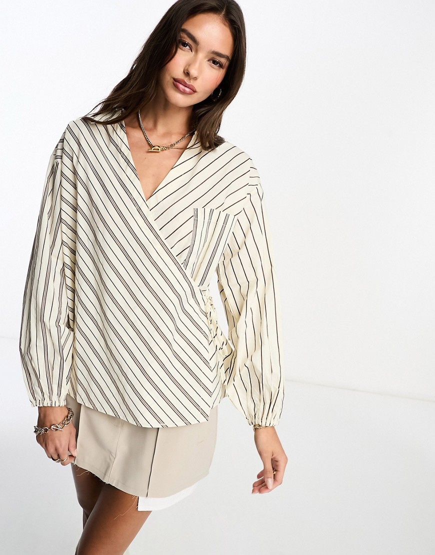 wrap front shirt in mixed neutral stripe-White