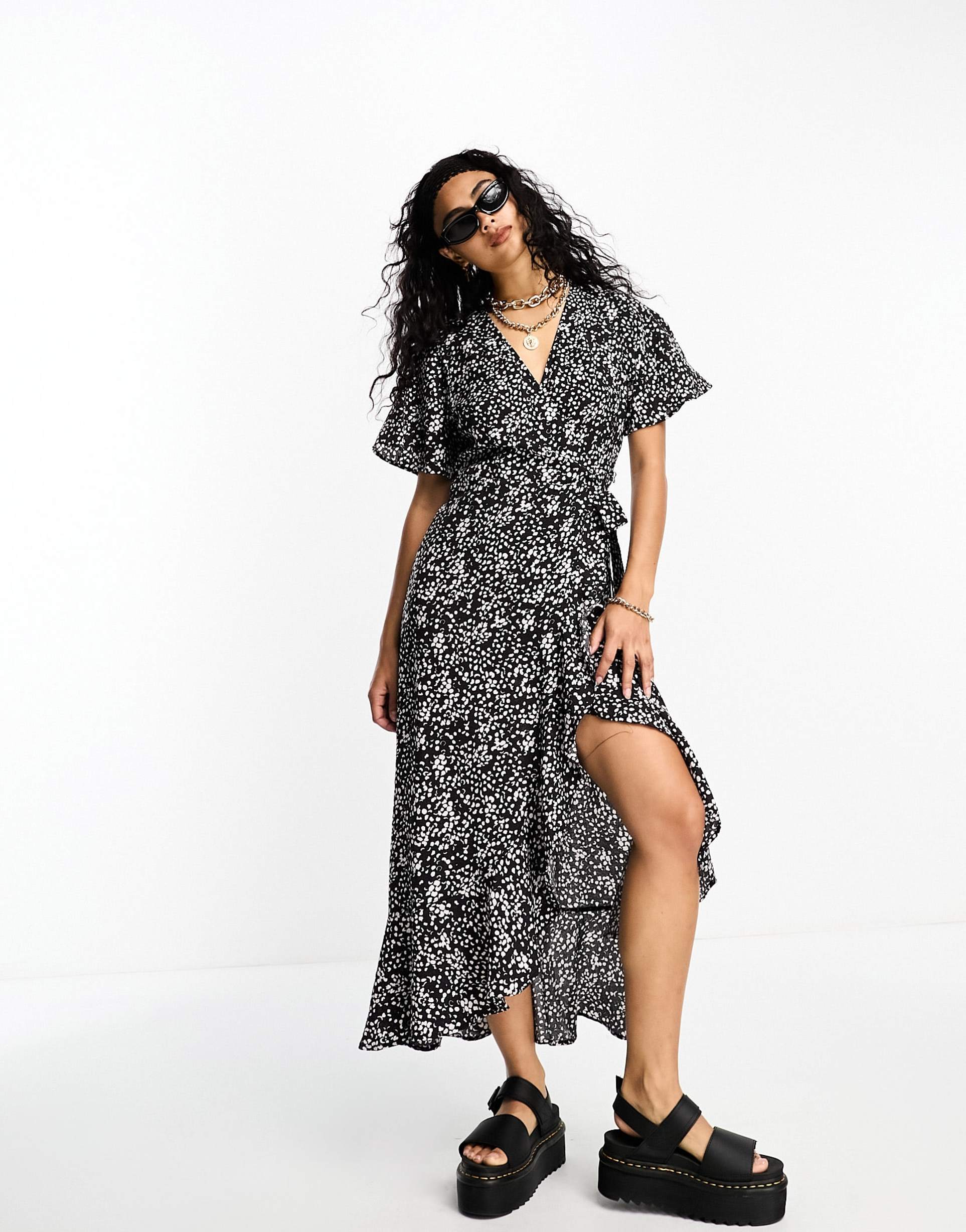 object wrap maxi dress in monochrome spot print