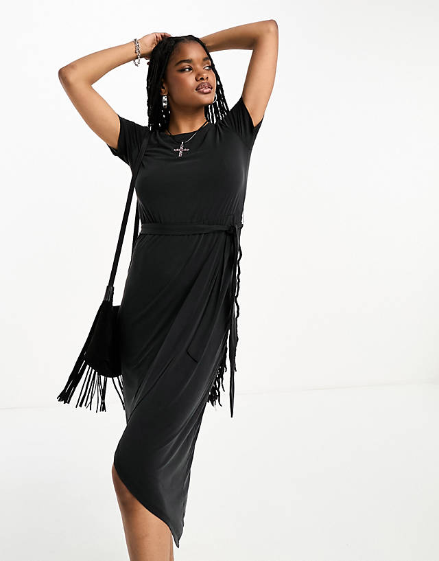 Object - wrap midi dress with belt in black