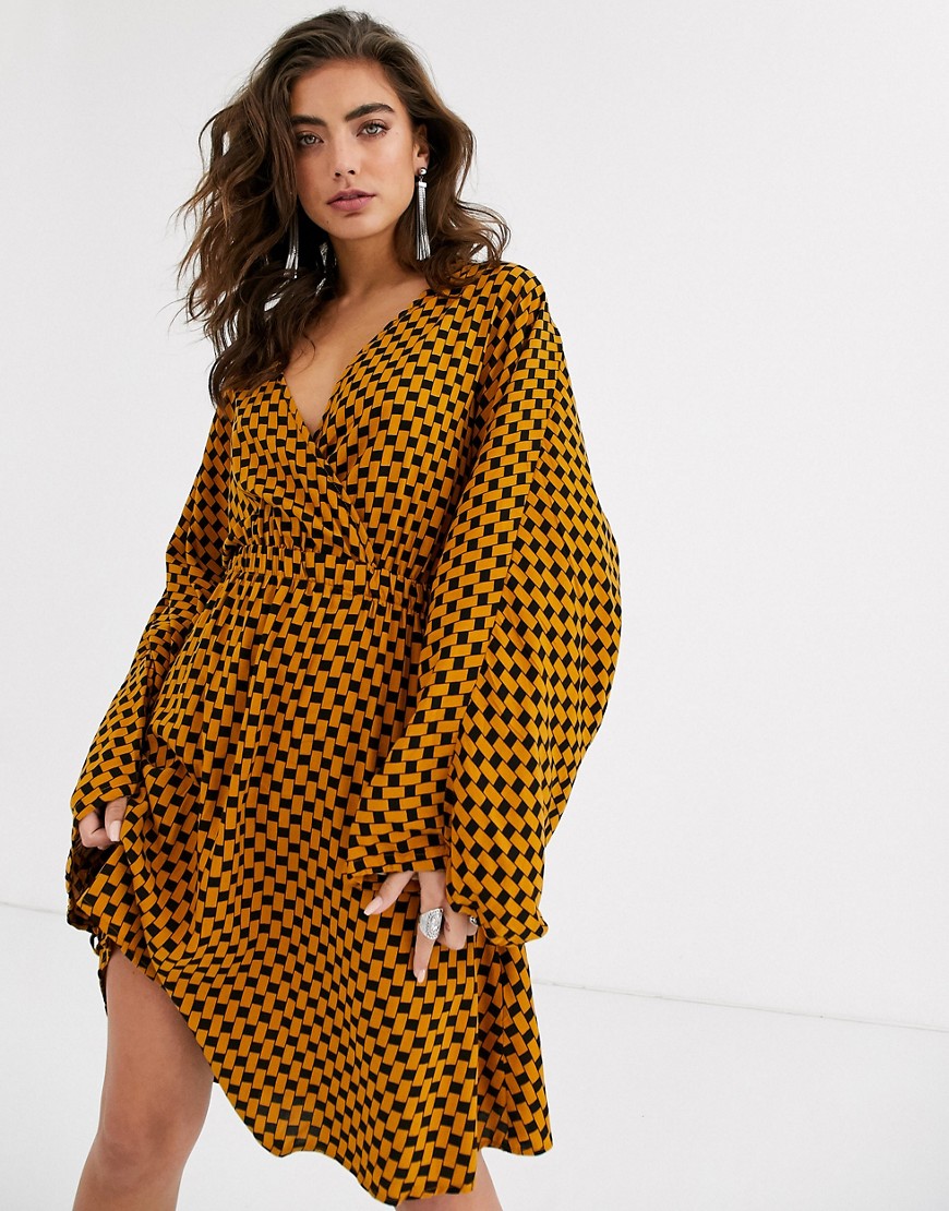 Object wrap mini dress with wide sleeves in mustard grid check-Brown