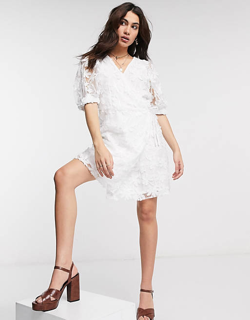 Women Object wrap organza dress with puff sleeves and sequin details in white 