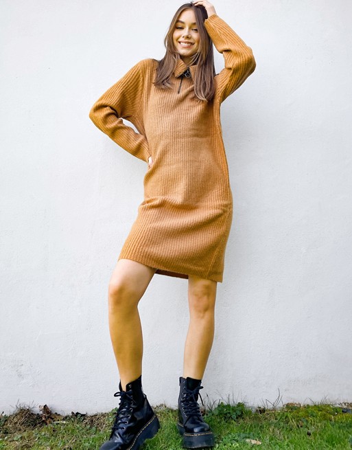 Object zip detail jumper dress in brown