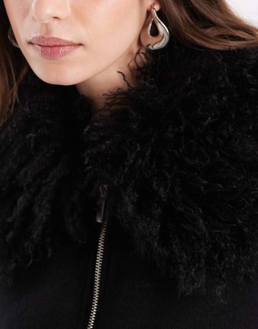 Object zip front bomber jacket with shaggy collar in black, 2 of 4