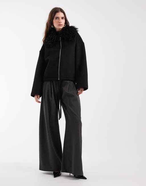 Object zip front bomber jacket with shaggy collar in black, 3 of 4