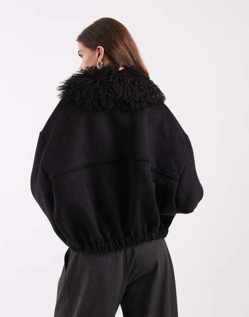 Object zip front bomber jacket with shaggy collar in black, 4 of 4