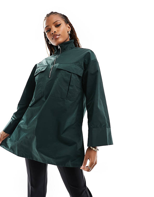 Object - zip high neck nylon tunic top in duffle bag green