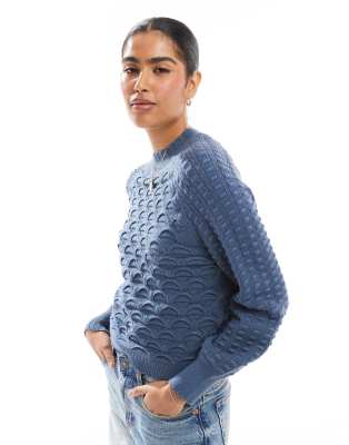 Objekt - Hochwertiger Strickpullover in Blau mit Wabenstruktur