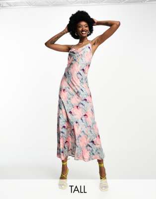 Objekt - Midi-Slip-Dress aus Satin in Rosa mit verschwommenem Aquarellprint-Bunt