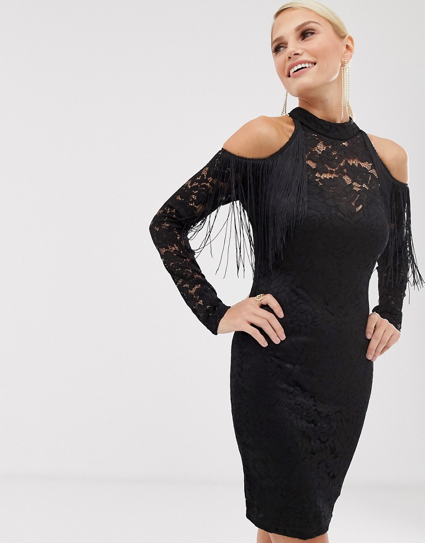 Облегающее платье с бахромой и открытыми плечами AX Paris-Черный