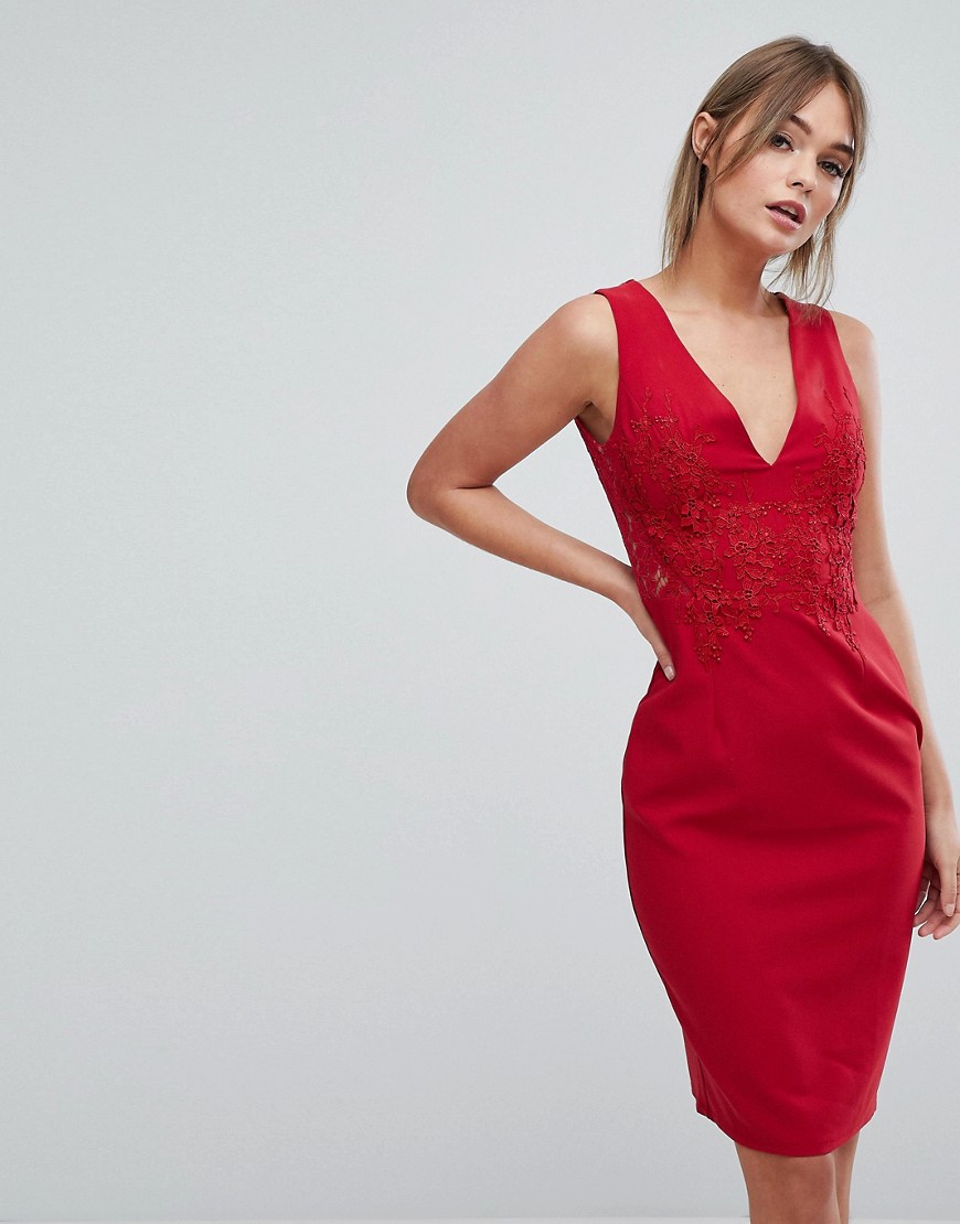 фото Облегающее платье с глубоким вырезом и кружевной аппликацией little mistress-красный