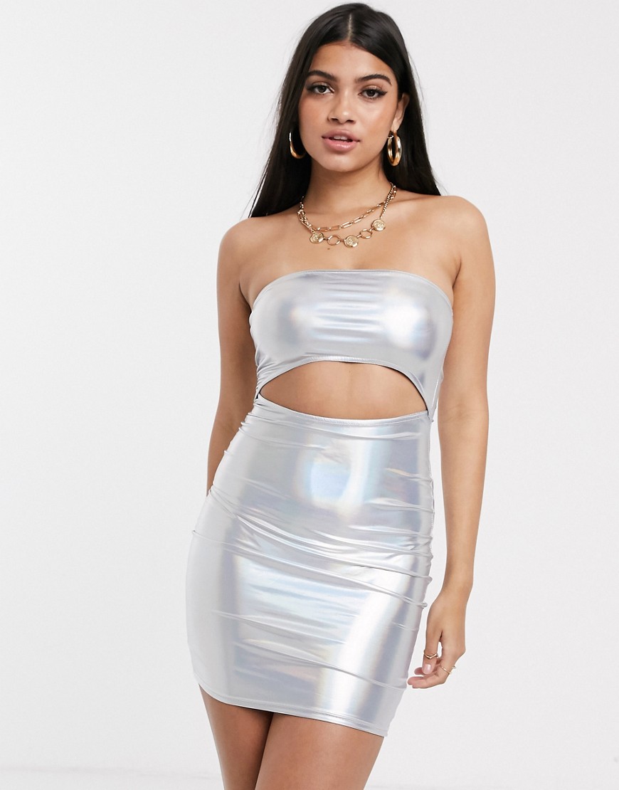 фото Облегающее платье цвета металлик с вырезом new girl order-серебряный