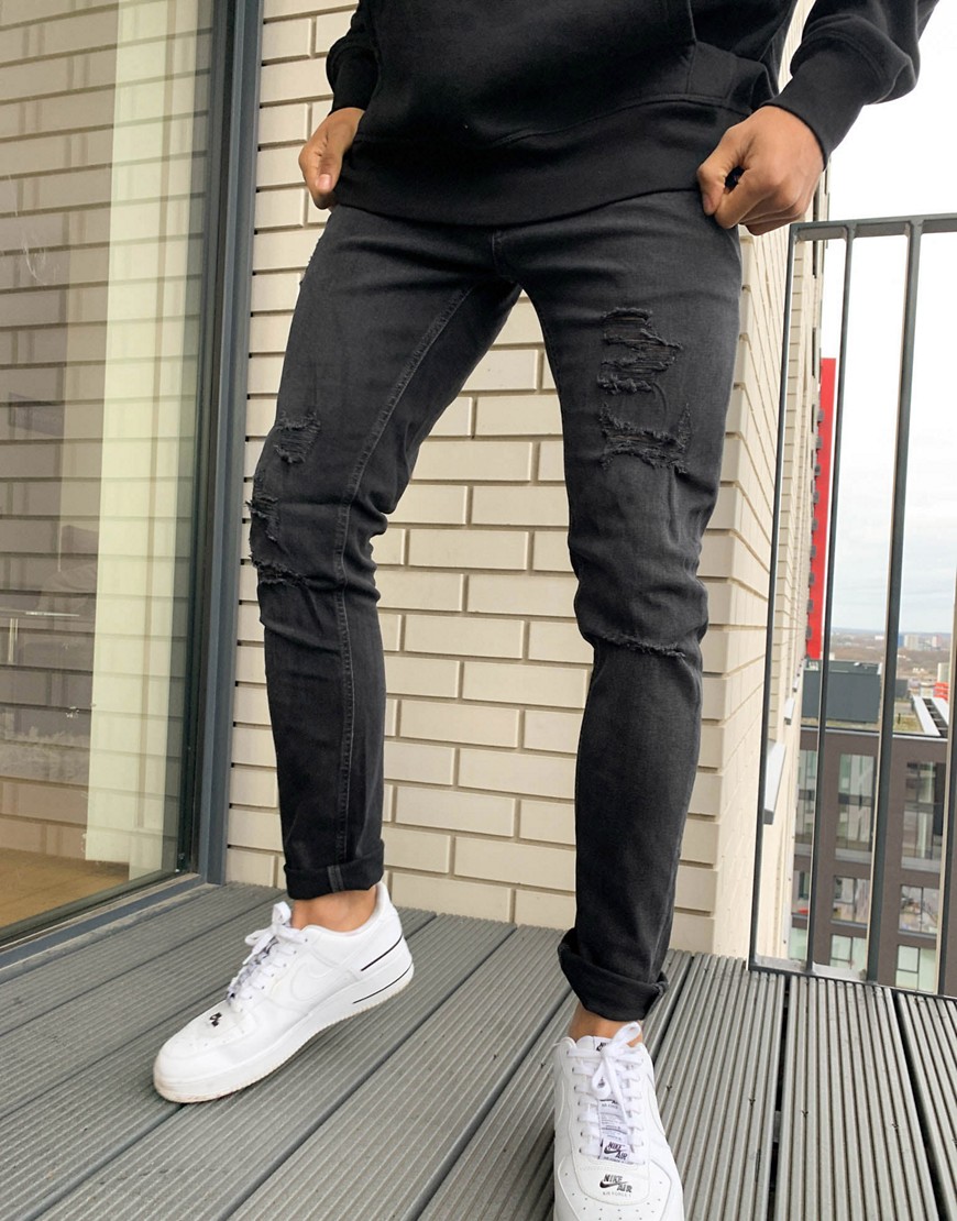 фото Облегающие джинсы выбеленного черного цвета с рваными разрезами jack & jones intelligence liam-черный