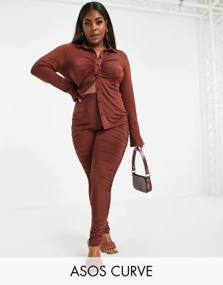 Облегающие леггинсы со сборками и контурными швами ASOS DESIGN Curve-Коричневый цвет Asos Curve 102734719