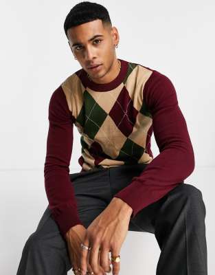 Джемперы и кардиганы  Asos Облегающий джемпер с круглым вырезом и ромбовидным рисунком Gianni Feraud-Зеленый цвет
