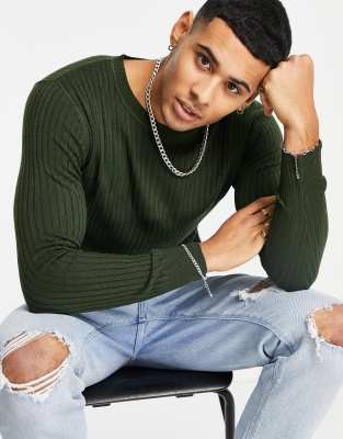 Джемперы и кардиганы  Asos Облегающий джемпер в рубчик с круглым вырезом Gianni Feraud-Зеленый цвет