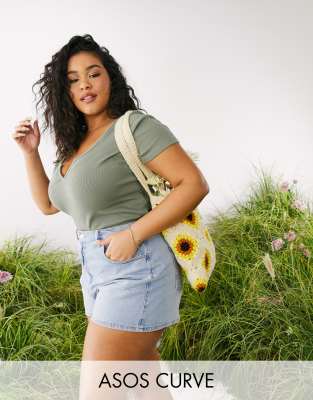 фото Облегающий топ цвета хаки с разрезом на горловине asos design curve-зеленый цвет asos curve