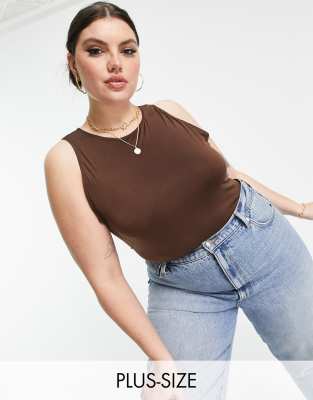 Топы  Asos Обтягивающее боди с высоким воротником шоколадного цвета Flounce Plus-Коричневый цвет