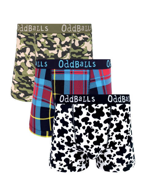 OddBalls 3 pack cotton boxer shorts in cow print, tartan, camo - view 1