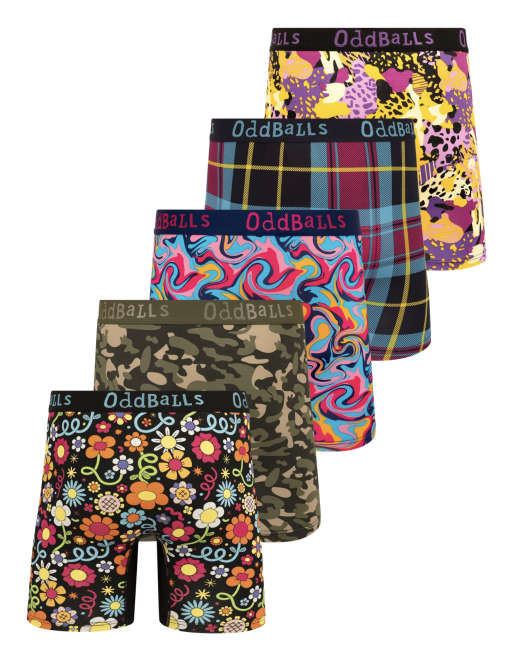 Oddballs 5 pack floral, camo and tartan bamboo boxer shorts in multi, 2 of 7