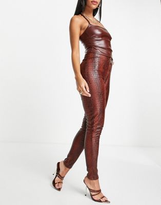 ODolls Collection leather look moc croc legging in chocolate-Pink