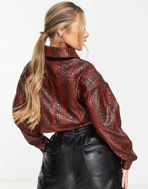 ODolls Collection leather look moc croc volume sleeve jacket in chocolate, 2 of 4
