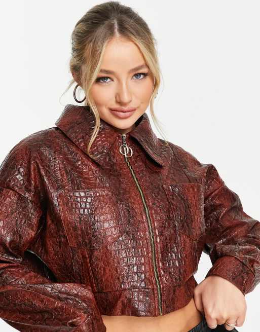 ODolls Collection leather look moc croc volume sleeve jacket in chocolate