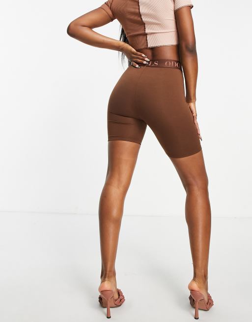 ODolls Collection logo seam detail booty shorts co-ord in chocolate, 2 of 4
