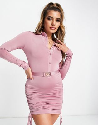 ODolls Collection plunge front ruched side mini dress with belt detail in pink - ASOS Price Checker