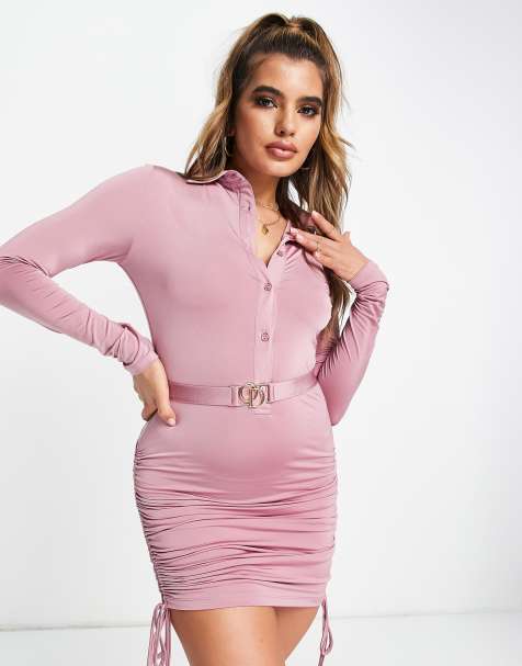 ODolls Collection plunge front ruched side mini dress with belt detail in pink - view 1
