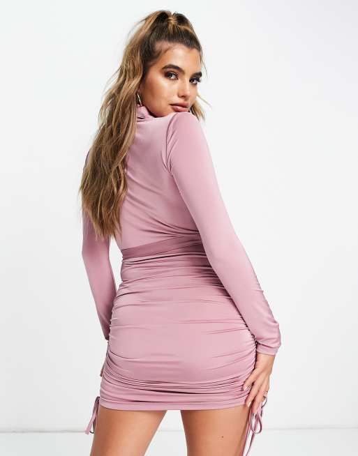ODolls Collection plunge front ruched side mini dress with belt detail in pink, 2 of 4