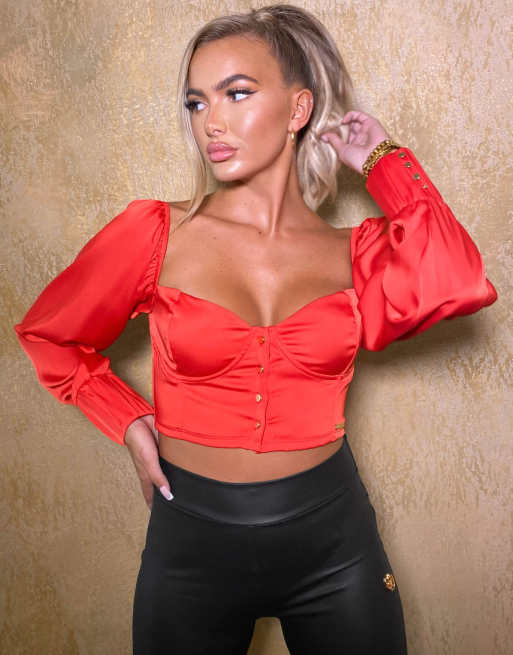 Red satin crop store top