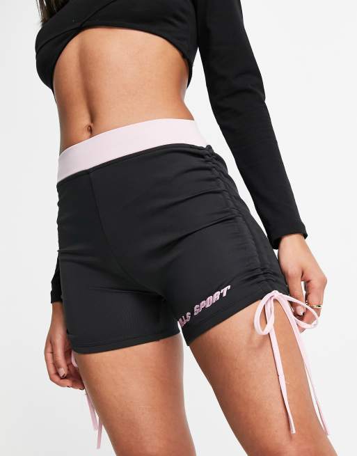 ODolls Collection sportswear motif ruched side booty shorts in black