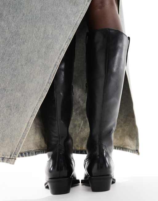 OFF THE HOOK ACTON leather knee high biker boots in black ASOS