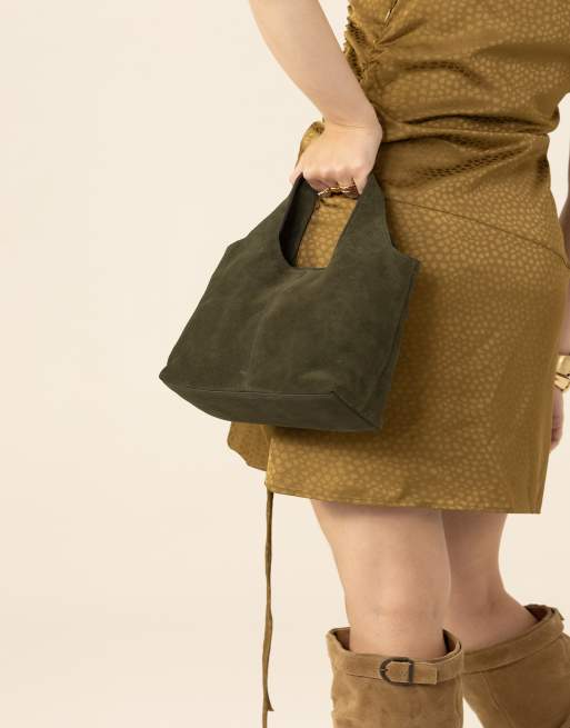 Off The Hook Alanis suede tote bag with shoulder strap in olive, 2 of 7