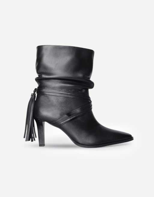 Off The Hook Aurora leather slouchy stiletto heel ankle boots with tassel detail in black, 2 of 6