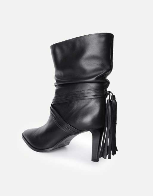 Off The Hook Aurora leather slouchy stiletto heel ankle boots with tassel detail in black, 3 of 6