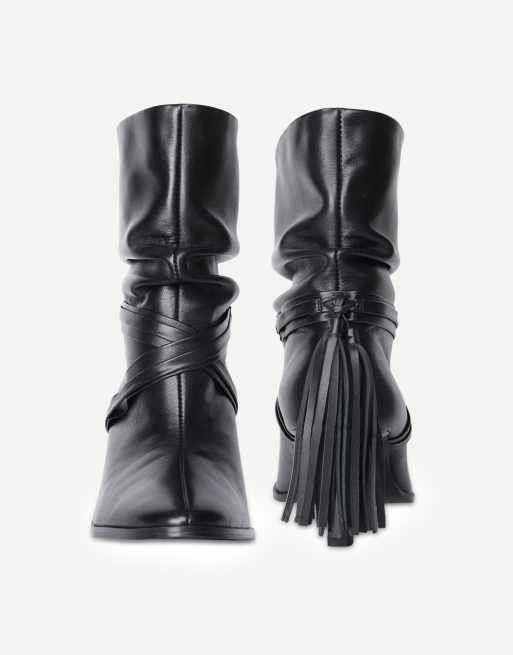 Off The Hook Aurora leather slouchy stiletto heel ankle boots with tassel detail in black, 4 of 6