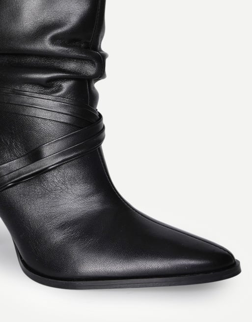 Off The Hook Aurora leather slouchy stiletto heel ankle boots with tassel detail in black, 6 of 6