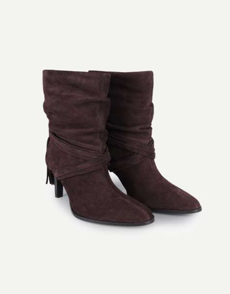 Off The Hook Aurora suede slouchy stiletto heel ankle boots with tassel detail in brown suede - view 1