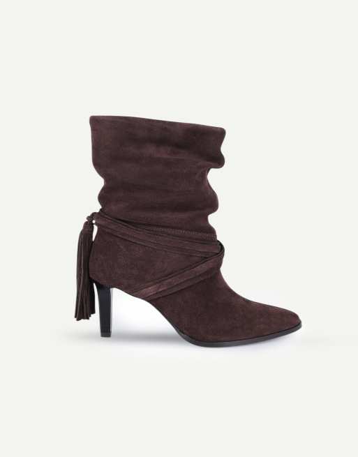 Off The Hook Aurora suede slouchy stiletto heel ankle boots with tassel detail in brown suede, 2 of 6