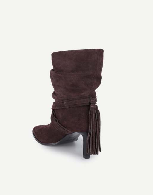 Off The Hook Aurora suede slouchy stiletto heel ankle boots with tassel detail in brown suede, 3 of 6