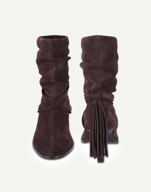 Off The Hook Aurora suede slouchy stiletto heel ankle boots with tassel detail in brown suede, 4 of 6