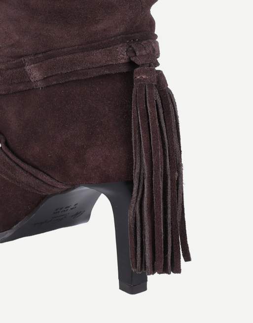 Off The Hook Aurora suede slouchy stiletto heel ankle boots with tassel detail in brown suede, 5 of 6