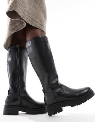 Off The Hook Bond Leather Knee High Biker Boots In Black