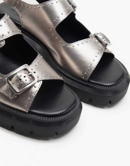 Off The Hook - Boston Triple - Sandali western in pelle color argento con suola spessa e triplo cinturino, 2 di 4
