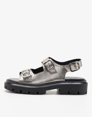 OFF THE HOOK BOSTON triple strap leather western chunky sandals in silver