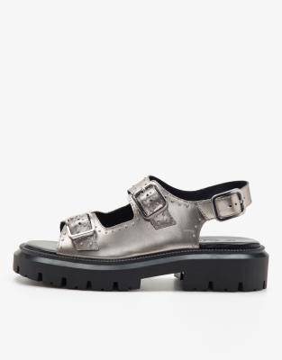 Off The Hook Boston triple strap leather western chunky sandals in silver